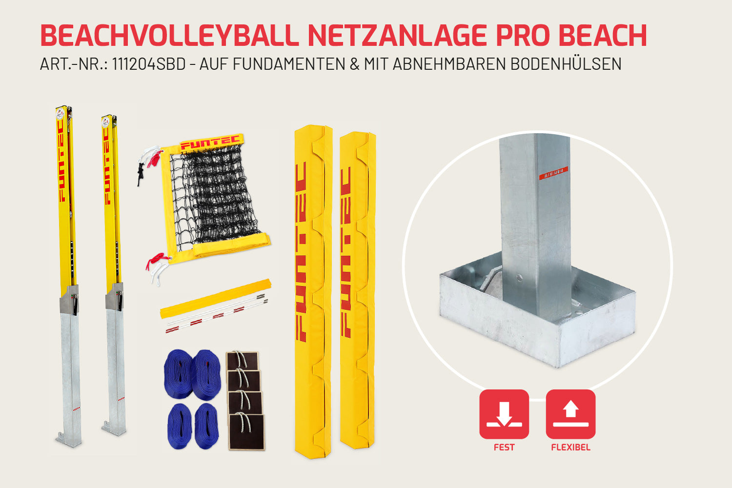 Funtec Beachvolleyball Netzanlage Pro Beach 8,5 m (SBD) auf Fundamenten + abnehmbare Bodenhülsen
