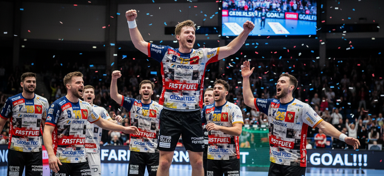 Erstelle ein Bild, welches ein Handballteam in JUbelpose nach einem Tor zeigt. Das Team soll Trikots mit vielen Sponsoren darauf tragen