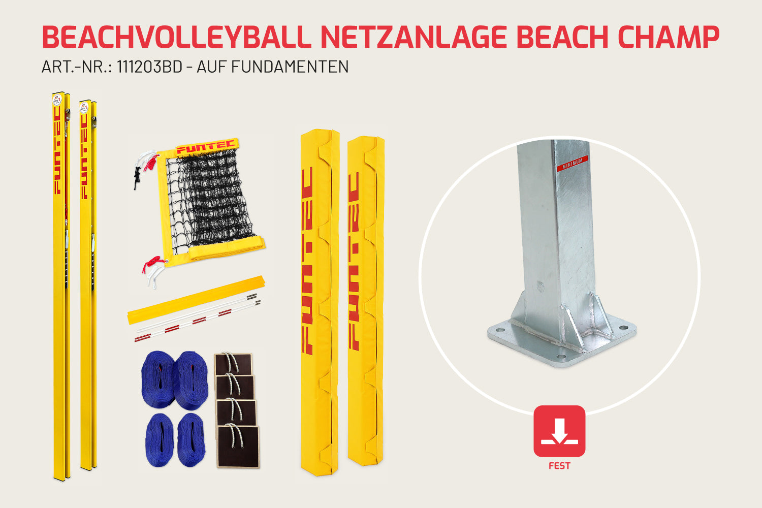 Funtec Beachvolleyball Netzanlage Beach Champ 8,5 m (BD) auf Fundamenten
