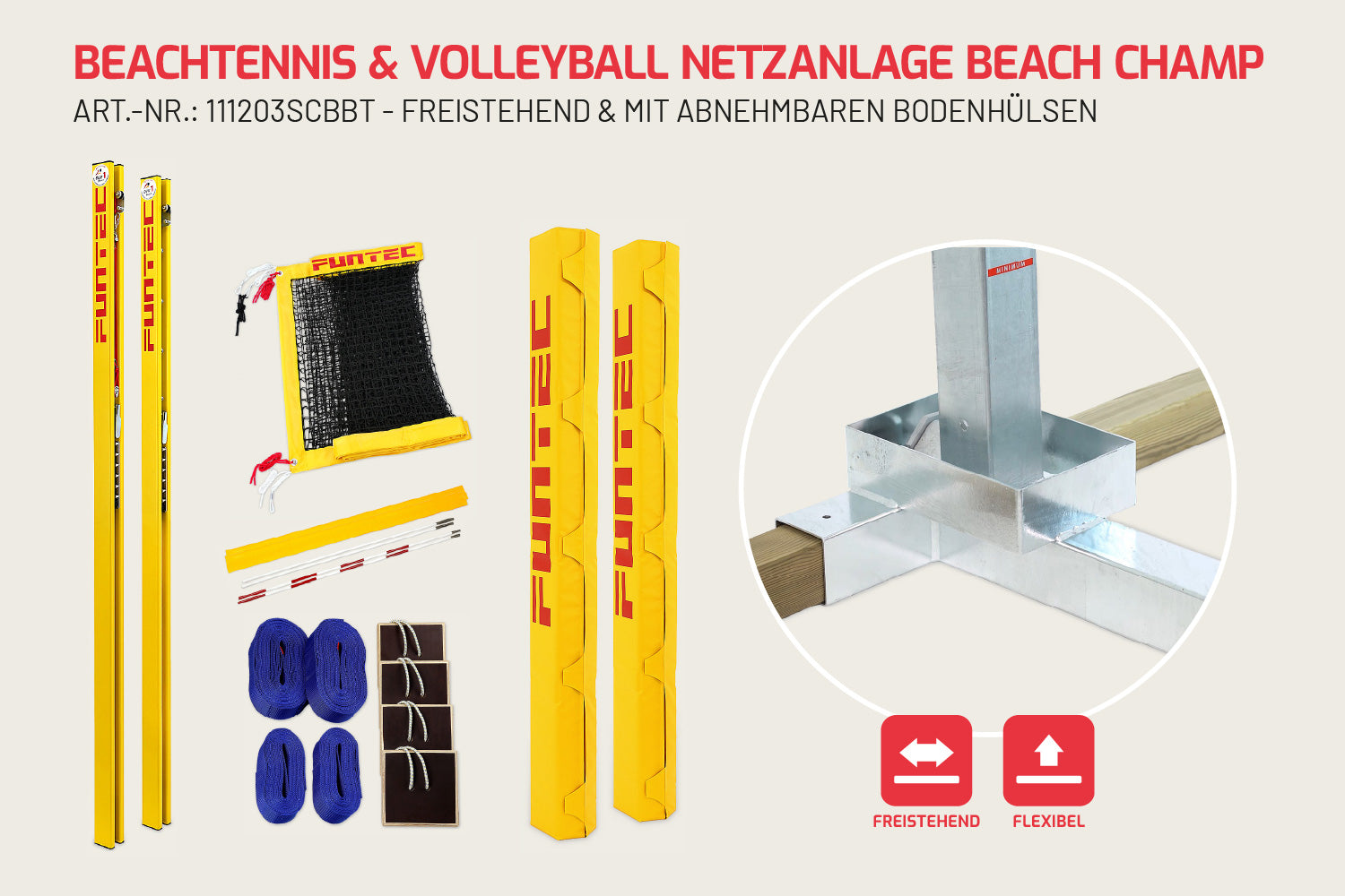Funtec Beachvolleyball Netzanlage Beach Champ 8,5 m (SCB) freistehend mit abnehmbaren Bodenhülsen