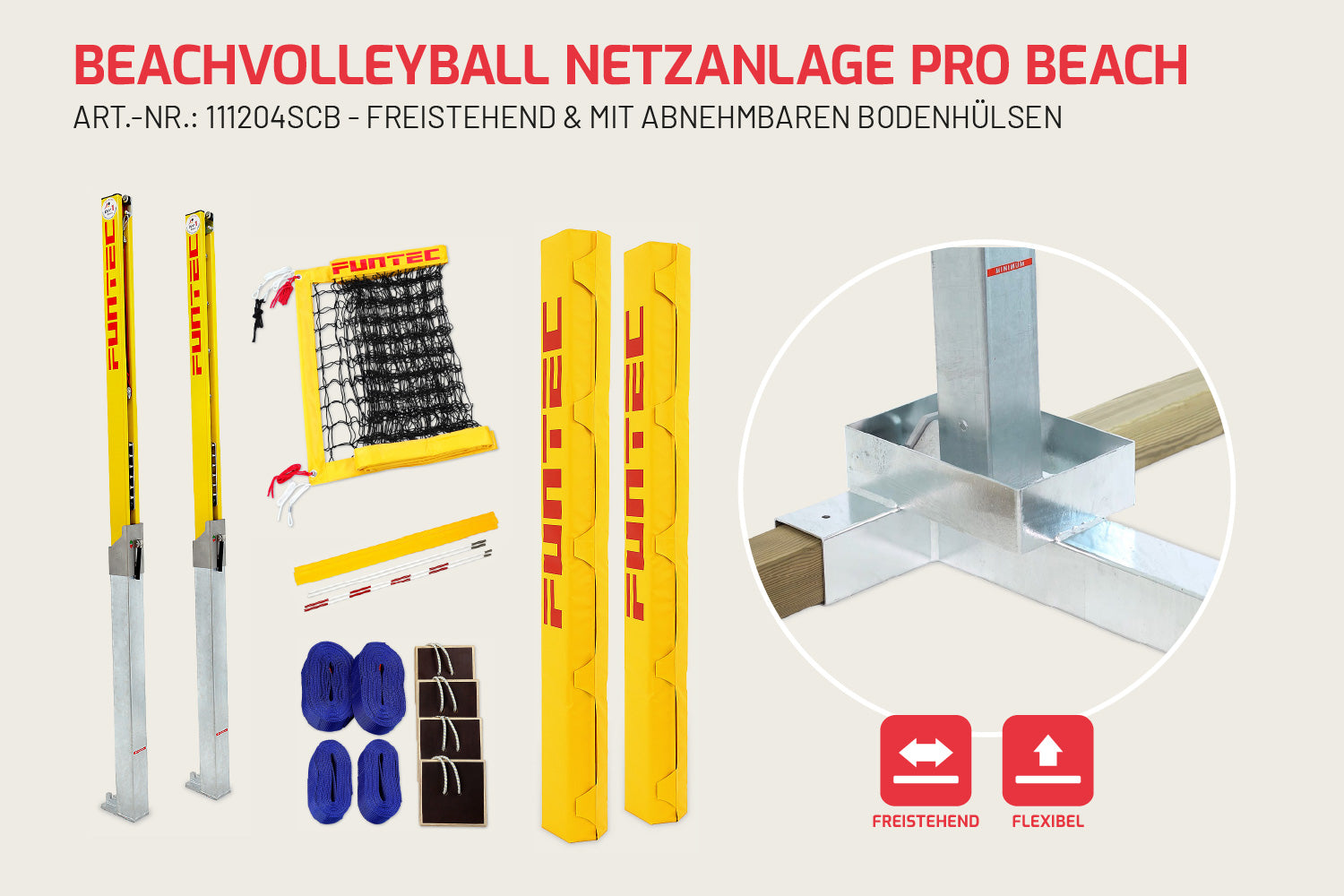 Funtec Beachvolleyball Netzanlage Pro Beach 8,5 m (SCB) freistehend + abnehmbare Bodenhülsen