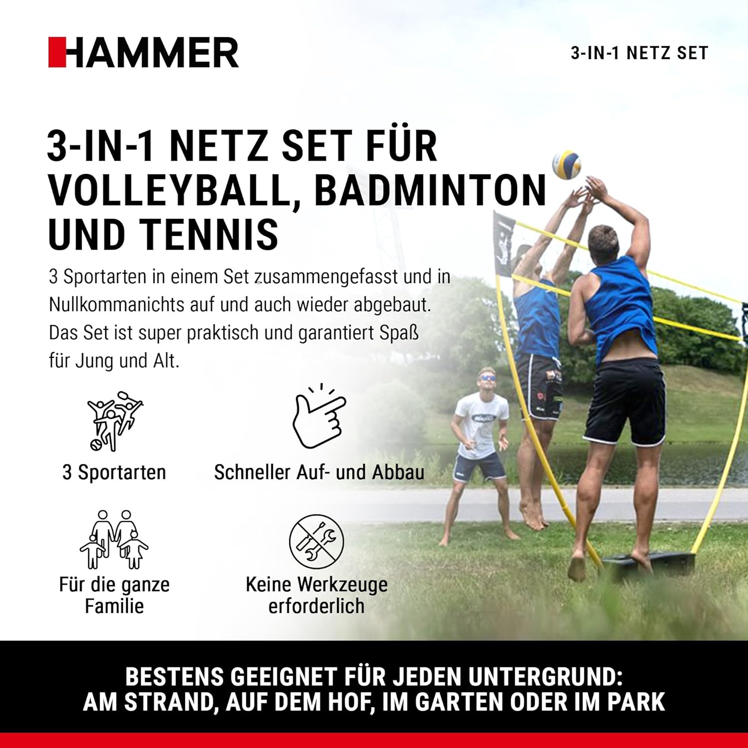 Hammer 3 in1 Set Volleyball, Badminton, Tennis Netzsystem